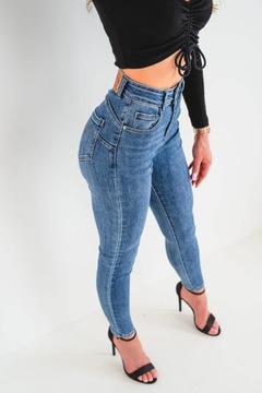 Ciemne klasyczne jeansy damskie spodnie skinny PUSH UP wysoki stan L