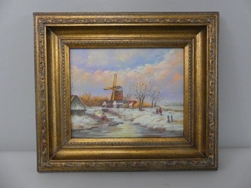 OBRAZ Z WIATRAKIEM ZŁOTA RAMA 38 X 33 cm