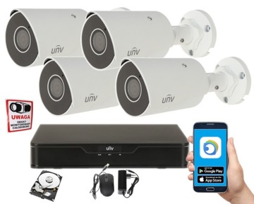 ZESTAW DO MONITORINGU IP UNIVIEW 8Mpx 4 KAMERY ZEWNĘTRZNE PoE APLIKACJA