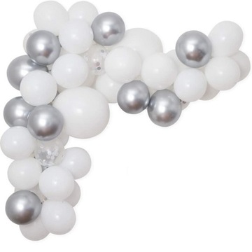 BALONY SREBRNE BIAŁE z konfetti GIRLANDA z taśmą