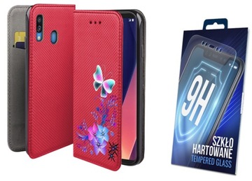 Etui z klapką do SAMSUNG GALAXY A40 magnet czerwony pokrowiec motyl + szkło
