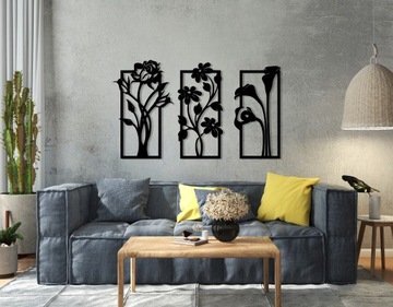 Obraz Ażurowy 3D Czarny Tryptyk Kwiaty Dekoracja Ścienna Ozdoba 68x115,5 cm