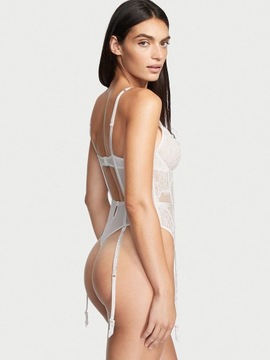 Koronkowe body z podwiązkami Victoria's Secret białe z cyrkoniami S