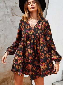 SUKIENKA CZARNA KWIATY BOHO RUSTTYDUSTTY