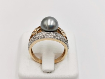 pierścionek złoto 14K 585 perła Tahiti 9 mm brylanty 0,66 karata certyfikat