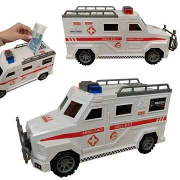 SKARBONKA SEJF DUŻA NA PREZENT MONETY BANKNOTY AUTO AMBULANS COIL
