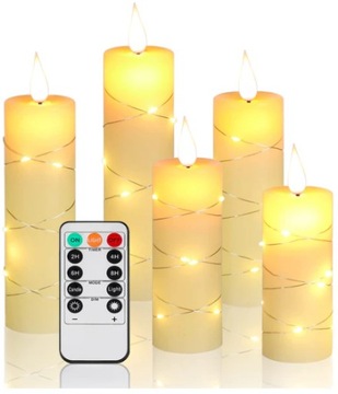 Komplet 5 świec LED naturalny wosk z pilotem bezpłomieniowe bateryjne