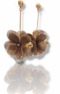 Kolczyki kwiaty jedwabne długie wiszace eleganckie taupe złote