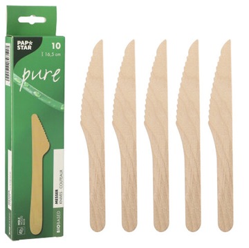 Noże drewniane w kartoniku jednorazowe mocne Papstar dł. 16,5 cm PURE 10szt