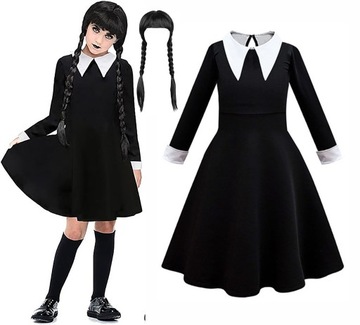 STRÓJ SUKIENKA WEDNESDAY ADDAMS PERUKA NA BAL PRZEBIERAŃCÓW 104 / 110