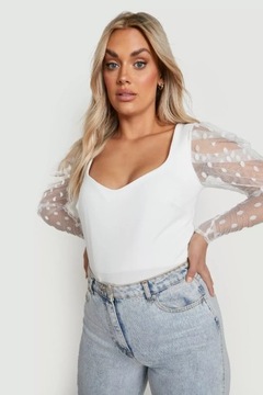 BOOHOO BLUZKA BODY DAMSKA Z SZYFONOWYM RĘKAWEM IVORY FIGI PLUS SIZE 50