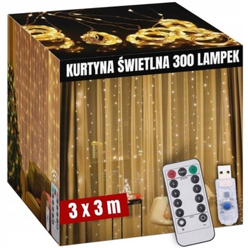 KURTYNA ŚWIETLNA 3x3m 300 LED GIRLANDA OZDOBNA NA OKNO HACZYKI PILOT USB