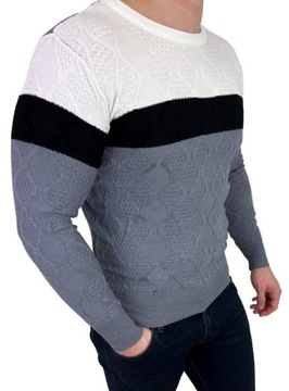 Szaro-bialy sweter meski w paski HHL8039 - XXL