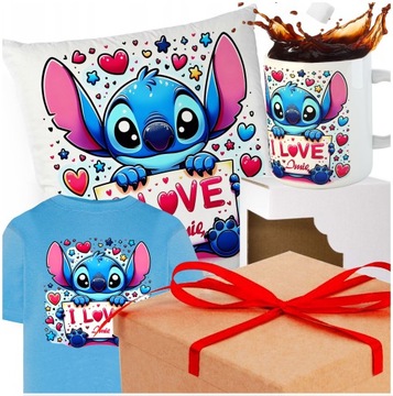 ZESTAW PREZENTOWY PODUSZKA KUBEK KOSZULKA STICH STITCH ANGEL DZIECKA