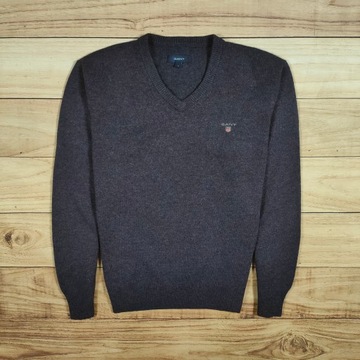 GANT Sweter Męski 100 % Wełna V Neck Logowany r. M/L