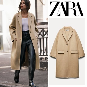 ZARA EXCLUSIVE WEŁNIANY PŁASZCZ CAMEL BEŻ WEŁNA 38 M 40 L NOWY WIOSNA 2024