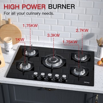 Стеклянная газовая варочная панель IsEasy с 5 конфорками для природного газа/пропана (NG/LPG)