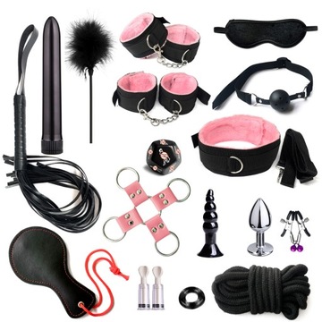XXL ZESTAW ZABAWEK SEX GADŻETY - KAJDANKI BAT OBROŻA ZACISKI KNEBEL BDSM