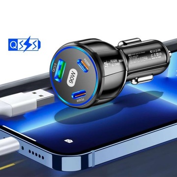 АВТОМОБИЛЬНОЕ ЗАРЯДНОЕ УСТРОЙСТВО 2x USB C PD 30 Вт USB QC 3.0 LED FAST ДЛЯ ТЕЛЕФОНА 90 Вт