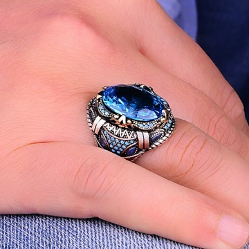 925 Sterling Aquamarine Men's Ring Handcrafted Turkish Design
