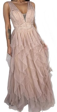 MD tiulowa długa różowa sukienka falbana maxi | XL
