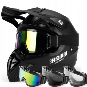 KASK MOTOCYKLOWY CROSS HORN 915 +GOGLE 3X KOLORY DO WYBORU, POD INTERKOM XS