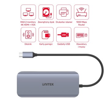 Концентратор Unitek USB-C 3xUSB 3.1 PD HDMI SD VGA RJ45