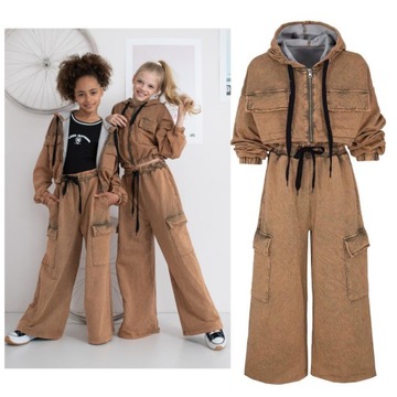 dres cargo oversize efekt sprania brąz komplet spodnie baggy wide leg 152