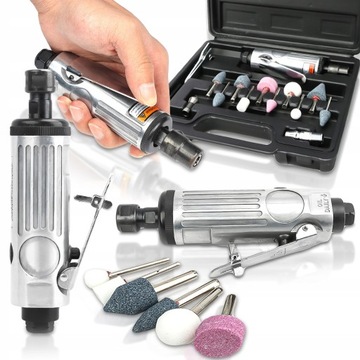 SZLIFIERKA PNEUMATYCZNA PROSTA 1/4 6MM Z AKCESORIAMI WALIZKA + ŚCIERNICE