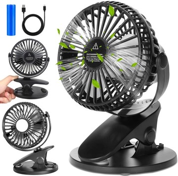 WENTYLATOR WIATRAK BIURKOWY USB z KLIPS CICHY OBRÓT 360° 3 TRYBY CZARNY