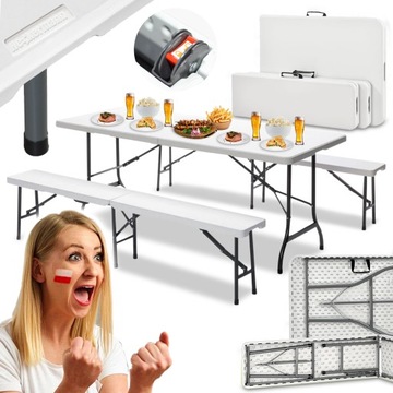 ZESTAW STÓŁ ROZKŁADANY + 2 ŁAWKI CATERINGOWY TURYSTYCZNY SKŁADANY 180cm