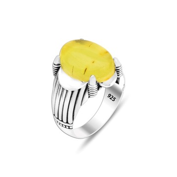 925K Natural Amber Silver Men's Ring, Simple Daily Wear Luxury Ring