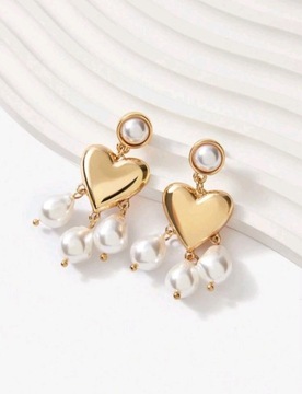 Kolczyki złote wiszące duże serca z perłami