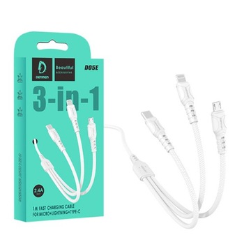 KABEL DO ŁADOWANIA USB 3W1 MOCNY DO IPHONE MICRO USB TYP-C PRZEWÓD 1M BIAŁY