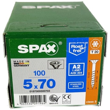 Wkręty uniwersalne nierdzewne, stal szlachetna A2, 5 x 70mm SPAX 100szt
