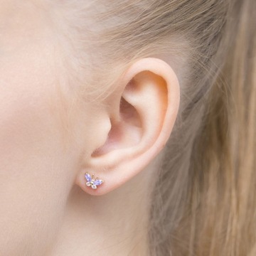 ZŁOTE KOLCZYKI pr. 333 MOTYLKI FIOLETOWE CYRKONIE