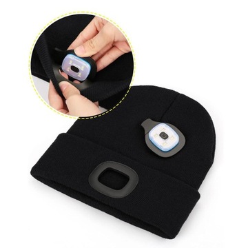 Czapka z Latarką Zimowa Lampka Czołowa LED Ładowanie USB Ciepła Czarna