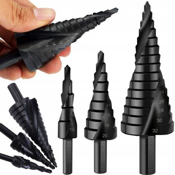 3x SPIRALNE MOCNE STALOWE WIERTŁO STOŻKOWE STOPNIOWE HSS DO METALU 4-32MM