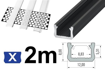 PROFIL DO TAŚMY LED WĄSKI 12mm X + KLOSZ 2m CZARNY