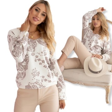 ELEGANCKI SWETER BLUZKA DZIANINOWA OZDOBNE GUZIKI POLSKI KWIATY PRINT XXXL