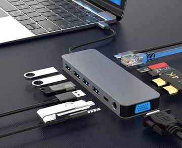АДАПТЕР USB C HUB MACBOOK AIR PRO M1 M2 M3 2x HDMI USB SD VGA RJ45 13in1 PD