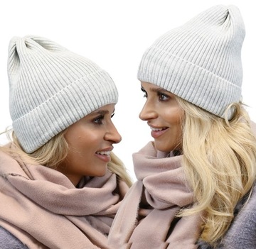 Modna Czapka Prążki Beanie Wywijana Jasny Szary N1