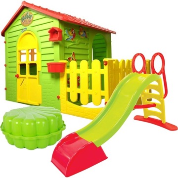 САДОВЫЙ ДОМ С ЗАБОРОМ, ГОРКИ, ПЕСОЧНИЦА, ДЕТСКАЯ ПЛОЩАДКА 3 В 1, КОМПЛЕКТ