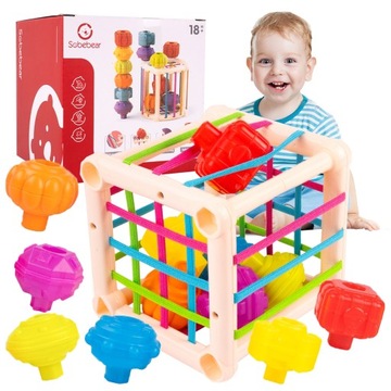 ELASTYCZNA KOSTKA SENSORYCZNA MONTESSORI SORTER KLOCKÓW gumki grzechotki