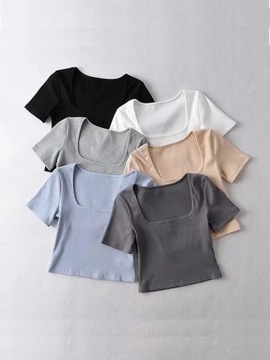 Women Square Neck Rib Crop T-shirt Short Sleeve Cr