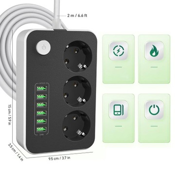 УДЛИНИТЕЛЬ ПИТАНИЯ 3 РОЗЕТКИ + 6 USB С КАБЕЛЕМ ДЛИНОЙ 1,85 М