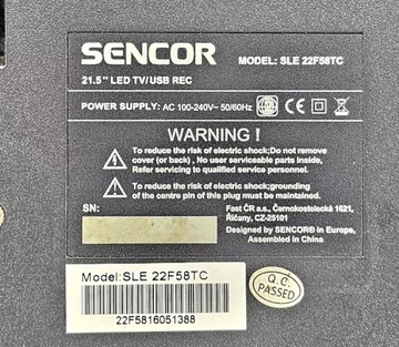 ТЕЛЕВИЗИОННЫЙ СЕНКОР SLE 22F58TC БЕЗ ПУЛЬТА