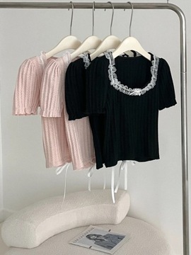 Puff Sleeve T-shirts Women Lace-up Design Korean S