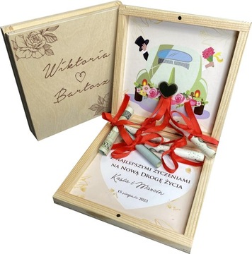 DREWNIANE PUDEŁKO NA PIENIĄDZE PREZENT ŚLUBNY ŚLUB WESELE PAMIĄTKA GRAWER