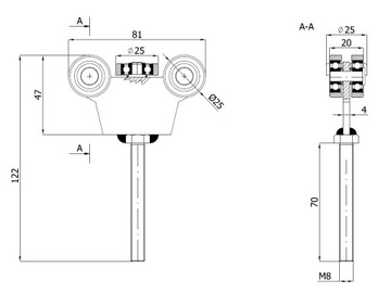РОЛИКОВАЯ ТЕЛЕЖКА с винтом М8 ПРОФИЛЬ 30x30 G5M30M8